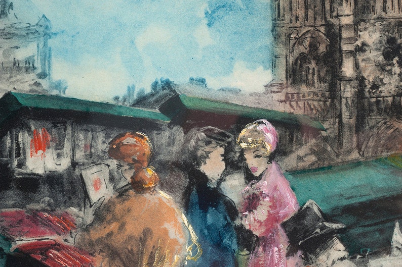 Colored Lithograph of Paris Street Scene & Notre Dame image 5