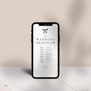 Może przedstawiać: Czarny smartfon wyświetla program weselny z graficznym łukiem na górze. Tekst brzmi "the WEDDING PROGRAM" i zawiera harmonogram z godzinami i wydarzeniami, takimi jak "Ceremonia" i "Pierwszy taniec".