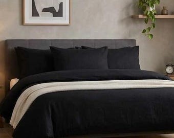 Washed Linen Duvet Cover – FULL BLACK Organic Bedding Set – Soft Breathable Stonewashed Comforter Cover