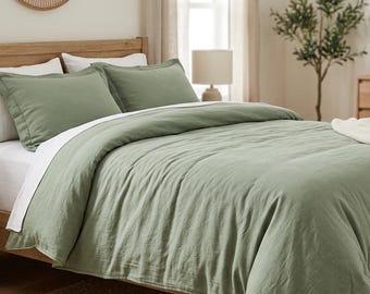 Sage Green Linen Cotton Blend Duvet Cover Set Luxury Organic Linen Bedding Set