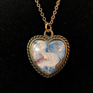 Heart shaped, pendant with chain, painting under glass, acrylic paint, turquoise blue, orange, white, handpainted, Great Mother’s Day gift