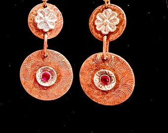 Copper, Ruby and Silver hand patterned earrings.