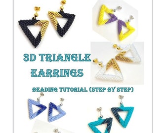 3D triangle earrings, Beading Pattern, PDF tutorial, peyote technique, digital tutorial, beading instructions, earrings tutorial, orecchini