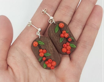 Berries orange brown earrings studs,boho dangle earrings handmade jewelry, orecchini, aretes, boucles d'oreilles, nature clay earrings