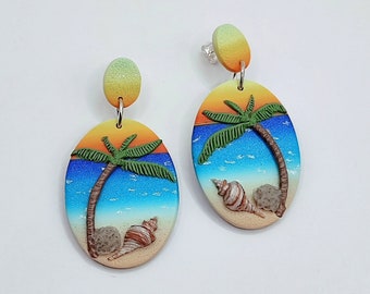 Tropical summer beach polymer clay studs, boho dangle earrings handmade jewelry, orecchini, aretes, boucles d'oreilles,nature clay earrings