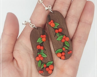 Berries orange brown earrings studs,boho dangle earrings handmade jewelry, orecchini, aretes, boucles d'oreilles, nature clay earrings