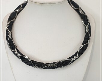 Black Seed Bead Crochet Necklace with Crystals, Handmade Jewelry