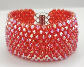 Red Preciosa crystals cuff bracelet, handmade jewelry, magnetic clasp, wide cuff, statement bracelet, pulsera ancha, braccialetto largo