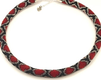 Red and Black Python Snake Necklace, Beaded Crochet Jewelry