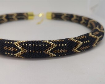 Handmade Black & Gold Seed Bead Crochet Necklace, Elegant Statement Choker