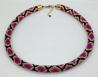 Pink Python Snake Bead Crochet Necklace, Handmade Statement Jewelry