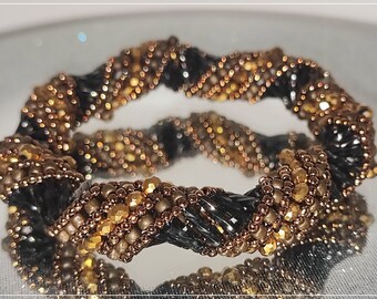 Brown, bronze golden bead woven bracelet , bangle bracelet, pull over bracelet , geometric pattern, beaded bracelet, statement bracelet