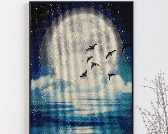 Framed Full Moon Diamond Painting, Abstract Wall Art, Shimmering Home Decor