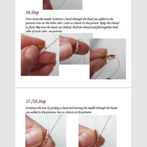 May include: Close-up of two hands demonstrating how to thread beads for a jewelry project. The hands are holding a needle and thread, and the beads are white and orange.