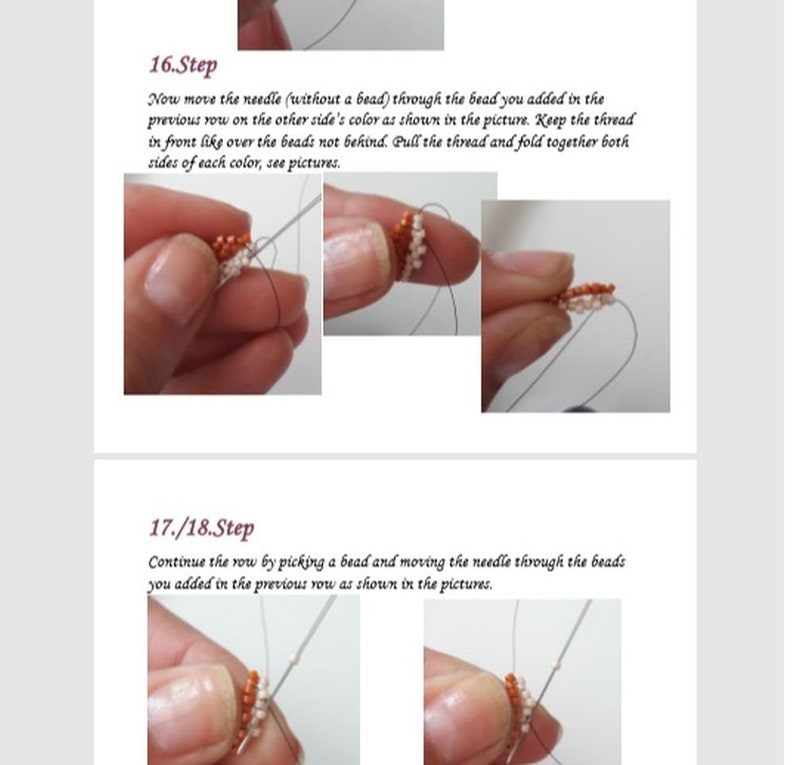May include: Close-up of two hands demonstrating how to thread beads for a jewelry project. The hands are holding a needle and thread, and the beads are white and orange.