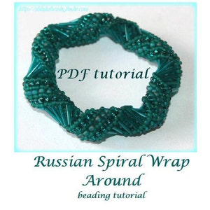 May include: A teal blue beaded bracelet with a spiral design. The bracelet is made with small seed beads and larger, cylindrical beads. The text "PDF tutorial" is visible in the center of the bracelet. The text "Russian Spiral Wrap Around beading tutorial" is visible below the bracelet.