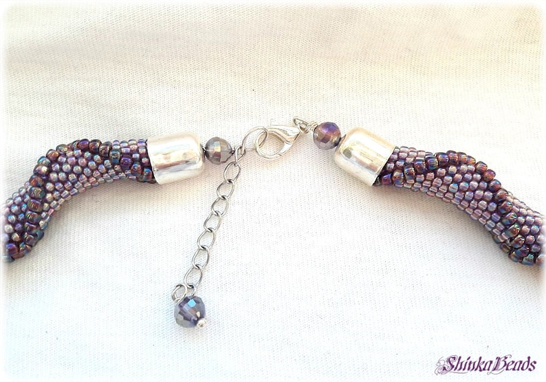 Purple violet rainbow seed bead crocheted necklace with relief