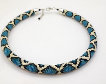 Water Blue Python Necklace, Beaded Crochet Snake Jewelry