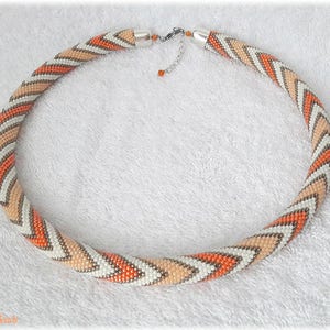 Orange pastel zigzags minimalist bead necklace, geometric pattern necklace, collier, collar, bead crochet rope, statement necklace