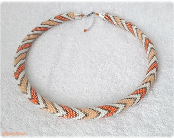 Orange pastel zigzags minimalist bead necklace, geometric pattern necklace, collier, collar, bead crochet rope, statement necklace