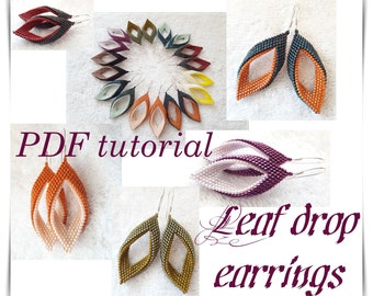 Boucles d'oreilles pendantes en forme de feuille, motif de perles de peyotl, tutoriel PDF, technique du point de peyotl torsadé, peyotl plié, boucles d'orreilles, pendientes