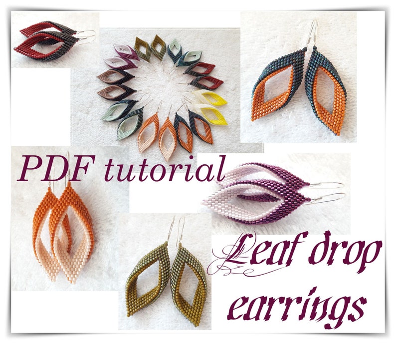 Leaf drop earrings,twisted Peyote Beading Pattern, PDF tutorial, masterclass,folded peyote stitch technique, boucles d'orreilles, pendientes zdjęcie 1