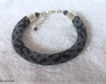 Ethnical ornament, bead crochet bracelet, black and gray bracelet, unique, gift for her