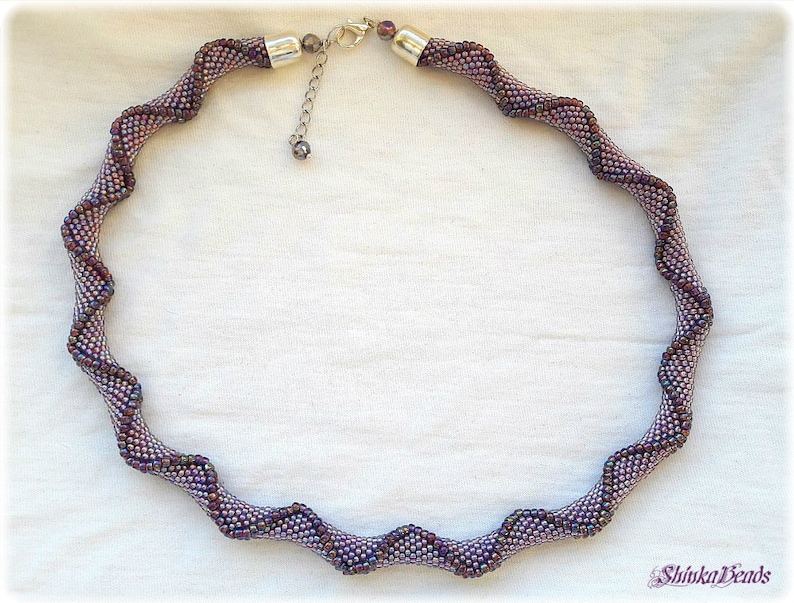 Purple violet rainbow seed bead crocheted necklace with relief