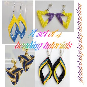 May include: A set of four beaded earrings in different colors and designs. The earrings are all handmade and feature intricate beadwork. The designs include a yellow and blue twisted design, a yellow and purple triangle, a blue and gold triangle, and a black and yellow diamond shape. The text "A set of 4 beading tutorials" is written in rainbow colors across the image. The text "Detailed step by step instructions" is written in a cursive font on the right side of the image.