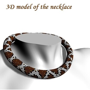 May include: A 3D model of a brown and white beaded necklace. The necklace is in the shape of a snake and is worn on a mannequin.