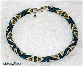 Teal Bead Crochet Rope Necklace, Geometric Statement Collar