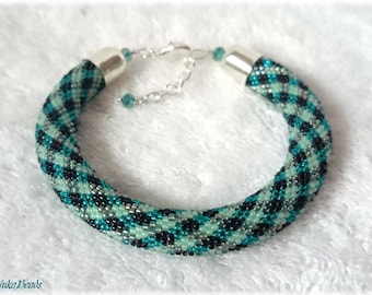Teal green, checked seed bead bracelet, elegant accessory, handmade bracelet, geometric pattern, beaded bracelet, bracelet for women