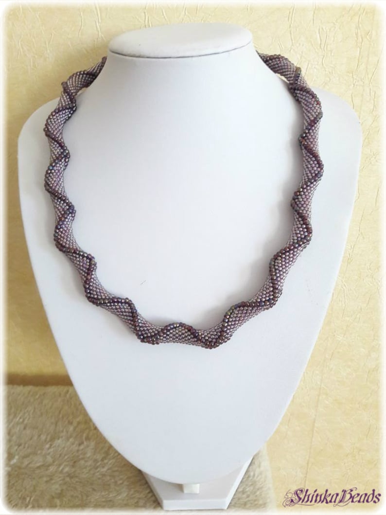 Purple violet rainbow seed bead crocheted necklace with relief