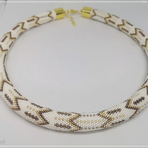 Cream white golden patchwork bead crochet necklace, handmade jewelry, collier, collar, choker, statement necklace, geometric necklace
