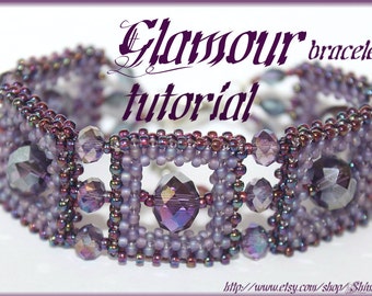 BEADING PATTERN bracelet tutorial instructions GLAMOUR style beawoven Right Angle Weave beaded square with Swarovski crystal Pdf file