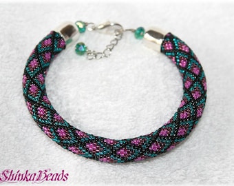 Colorful bracelet, teal, pink, rhombus, seed bead bracelet, elegant accessory, handmade bracelet, geometric pattern, beaded bracelet