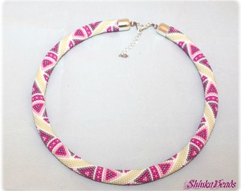 Pink purple  bright geometric triangle pattern bead crochet necklace