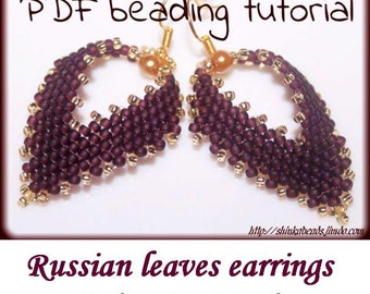 Flat peyotes leaf earrings with pearl Beading Pattern PDF tutorial peyote stitch technique