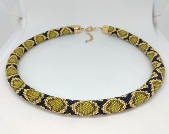 Green Python Necklace, Bead Crochet Snake Jewelry