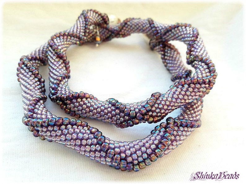 Purple violet rainbow seed bead crocheted necklace with relief