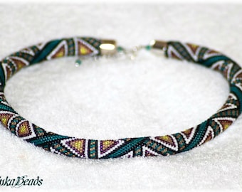 Teal, geometric triangle pattern, with bright accents bead crochet necklace, handmade, toho