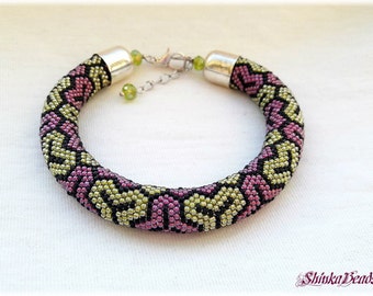 Beaded bracelet, Purple,green, Kimono seed bead crocheted bracelet, geometric pattern,  handmade jewerlry, statement bracelet