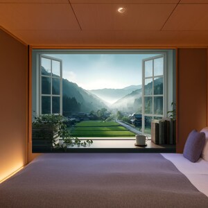 May include: A bedroom interior featuring a large window with open white frames overlooking a misty mountain valley and green fields. A dark ledge holds a potted trailing plant, a white ceramic mug, and a row of books. A bed with a gray cover and two gray pillows sits in the foreground.