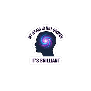 May include: A white sticker with a black silhouette of a head. The brain inside the head is a swirling galaxy of blue, purple, and pink. The text "MY BRAIN IS NOT BROKEN" arches above the head, and "IT'S BRILLIANT" is below.