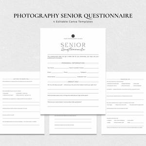 Puede incluir: Un conjunto de cuatro plantillas de cuestionario para sesiones de fotos de graduados con texto en negro sobre fondo blanco. Los documentos incluyen secciones para información personal, preguntas de perfil y detalles de la sesión.