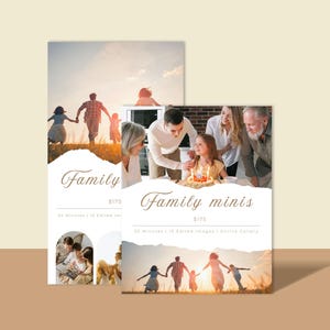 Peut inclure: Deux flyers marketing rectangulaires présentant des photographies de familles. Le texte Family minis est imprimé dans une police cursive. Les flyers affichent des images d'une famille en extérieur au coucher du soleil et d'un enfant.