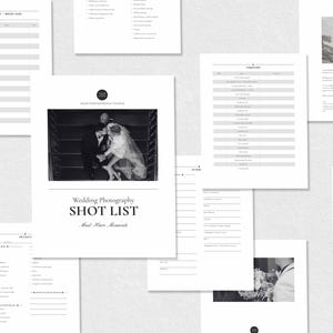 May include: A collection of white wedding photography shot list templates featuring black text and monochrome photographs. The documents include sections for timelines, family portraits, and couple portraits, with the title Wedding Photography SHOT LIST.