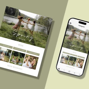 Peut inclure: Un dépliant publicitaire et un smartphone affichant une publicité pour une séance photo Spring Minis. Le design présente une photo de trois personnes dans un champ, le texte Spring Minis, $150, 30 Minutes, 10 Edited images, Online Gallery et NOW BOOKING.