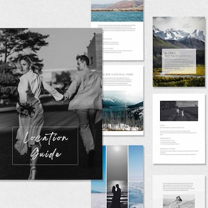 May include: A digital location guide featuring a collection of photography pages. The cover displays a black and white image of two people running, with the text Location Guide. Other pages show landscapes, mountains, and text descriptions.