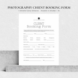 Può includere: Un modulo di prenotazione per clienti di fotografia in bianco con testo nero. Il documento include campi per nome, email, telefono, tipo di sessione, luogo, data, ora, durata e richieste speciali, con una riga per la firma in fondo.